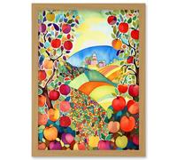 Artery8 Apple Tree Orchard Fields In Summer Folk Art Landscape Watercolour Painting Artwork Framed Wall Art Print A4 in Light Oak Artery8 Light Oak