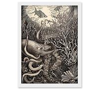 Artery8 Aquatic Animals and Plants Linocut Illustration Artwork Framed A3 Wall Art Print