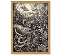 Artery8 Aquatic Animals and Plants Linocut Illustration Artwork Framed A3 Wall Art Print