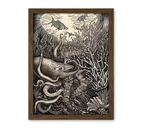 Artery8 Aquatic Animals and Plants Linocut Illustration Artwork Framed Wall Art Print 18X24 Inch