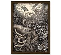Artery8 Aquatic Animals and Plants Linocut Illustration Artwork Framed Wall Art Print A4