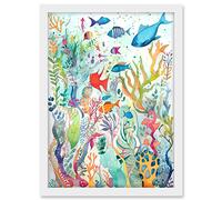 Artery8 Aquatic Scene Marine Life Folk Art Watercolour Painting Artwork Framed A3 Wall Art Print