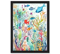 Artery8 Aquatic Scene Marine Life Folk Art Watercolour Painting Artwork Framed A3 Wall Art Print