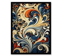 Wall Art Print Arabesque Design Detail in Blue Orange and Red Ornate Botanical Pattern Artwork Framed Artery8 Multi A4