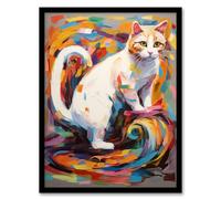 Artery8 Armchair Cat Portrait Painting Colourful White Artwork Framed Wall Art Print 18X24 Inch