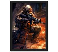 Artery8 Army Warfare Desert Sniper Explosion Flames Oil Painting Soldier Action Scene Artwork Framed A3 Wall Art Print
