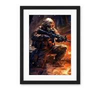 Artery8 Army Warfare Desert Sniper Explosion Flames Oil Painting Soldier Action Scene Artwork Framed Wall Art Print 18X24 Inch