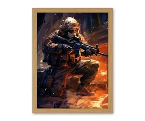 Artery8 Army Warfare Desert Sniper Explosion Flames Oil Painting Soldier Action Scene Artwork Framed Wall Art Print 18X24 Inch