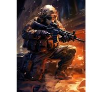 Wall Art Print Army Warfare Desert Sniper Explosion Flames Oil Painting Soldier Action Scene Poster Artery8 Black W18 inch x H24 inch