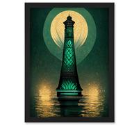 Artery8 Art Deco Lighthouse Great Gatsby Moonlight Emerald Wall Art Print - A4 Size