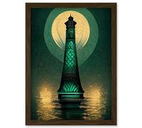 Doppelganger33 LTD Art Deco Lighthouse Great Gatsby Moonlight Emerald Artwork Framed Wall Art Print A4