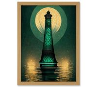 Artery8 Art Deco Lighthouse Great Gatsby Moonlight Emerald Artwork Framed Wall Art Print A4 in Light Oak Artery8 Light Oak