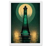 Artery8 Art Deco Lighthouse Great Gatsby Moonlight Emerald Artwork Framed Wall Art Print A4 in White Artery8 White