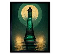 Artery8 Art Deco Lighthouse Great Gatsby Moonlight Emerald Framed Wall Art Print