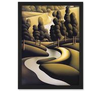 Artery8 Art Deco River Landscape With Stylised Cypress Trees Artwork Framed Wall Art Print A4 in Black Artery8 Black