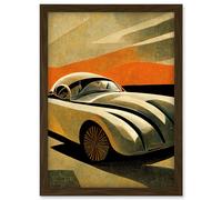 Artery8 Art Deco Vintage Sports Car Sunset Illustration Artwork Framed Wall Art Print A4 in Brown Artery8 Brown