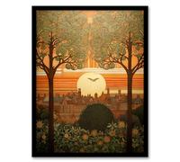 Artery8 Art Nouveau Autumn Village Sunset Artwork Painting Artwork Framed Wall Art Print 18X24 Inch
