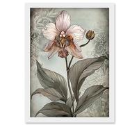 Artery8 Art Nouveau Pink Orchid Bloom Flower Watercolour Artwork Framed Wall Art Print A4