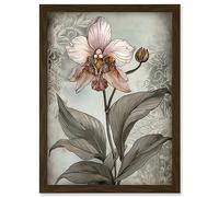 Artery8 Art Nouveau Pink Orchid Bloom Flower Watercolour Artwork Framed Wall Art Print A4
