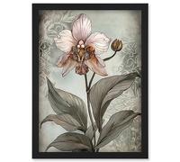 Artery8 Art Nouveau Pink Orchid Bloom Flower Watercolour Artwork Framed Wall Art Print A4