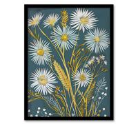 Artery8 Aster Wildflowers Painting Floral Wheat Harvest Framed Art Print in Blue | Size: A4 Artery8 Blue A4