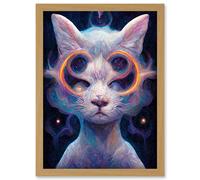 Artery8 Astral Cat In Psilocybin Universe Artwork Framed Wall Art Print A4 in Light Oak Artery8 Light Oak