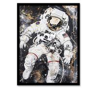Artery8 Astronaut Space Walk Black Gold Grunge Design Framed Wall Art | Size: A4 Artery8 Black A4
