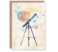 Artery8 Astronomy Telescope Stars Planets Pastel Colour Blank For Him Or Her Art Birthday Card