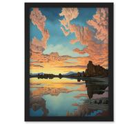 Artery8 Atmospheric Cloud Reflections Early Morning Dawn at Mono Lake Modern Watercolour Painting Artwork Framed Wall Art Print A4 in Black Artery8 Black