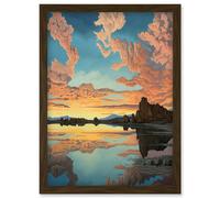 Artery8 Atmospheric Cloud Reflections Early Morning Dawn at Mono Lake Modern Watercolour Painting Artwork Framed Wall Art Print A4 in Brown Artery8 Brown