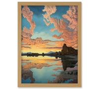 Artery8 Atmospheric Cloud Reflections Early Morning Dawn at Mono Lake Modern Watercolour Painting Artwork Framed Wall Art Print A4 in Light Oak Artery8 Light Oak