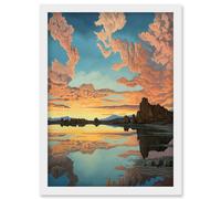 Artery8 Atmospheric Cloud Reflections Early Morning Dawn at Mono Lake Modern Watercolour Painting Artwork Framed Wall Art Print A4 in White Artery8 White