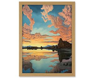 Artery8 Atmospheric Cloud Reflections Early Morning Dawn at Mono Lake Modern Watercolour Painting Artwork Framed A3 Wall Art Print