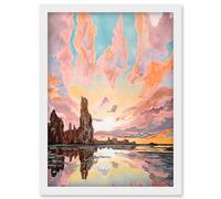 Atmospheric Cloud Sunrise Reflections Mono Lake Pastel Pink Colour Modern Watercolour Painting Artwork Framed Wall Art Print A4 Artery8 White One Size