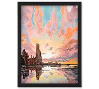 Atmospheric Cloud Sunrise Reflections Mono Lake Pastel Pink Colour Modern Watercolour Painting Artwork Framed Wall Art Print A4 Artery8 Black One Size