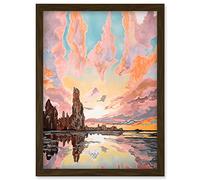 Atmospheric Cloud Sunrise Reflections Mono Lake Pastel Pink Colour Modern Watercolour Painting Artwork Framed Wall Art Print A4 Artery8 Brown One Size