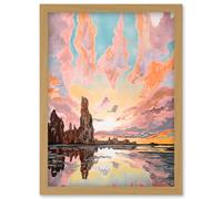 Atmospheric Cloud Sunrise Reflections Mono Lake Pastel Pink Colour Modern Watercolour Painting Artwork Framed Wall Art Print A4 Artery8 Light Oak One Size
