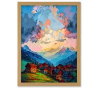Artery8 Atmospheric Clouds at Dawn Over Small Village Houses in the Alps Modern Watercolour Painting Artwork Framed Wall Art Print A4