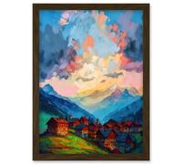 Artery8 Atmospheric Clouds at Dawn Over Small Village Houses in the Alps Modern Watercolour Painting Artwork Framed Wall Art Print A4