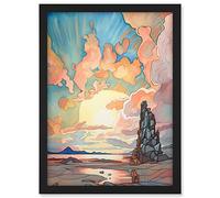 Artery8 Atmospheric Clouds Over Mono Lake at Dawn Lakeside Rock Landscape Modern Watercolour Painting Artwork Framed A3 Wall Art Print