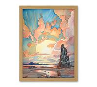 Artery8 Atmospheric Clouds Over Mono Lake at Dawn Lakeside Rock Landscape Modern Watercolour Painting Artwork Framed Wall Art Print 18X24 Inch