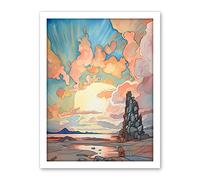 Artery8 Atmospheric Clouds Over Mono Lake at Dawn Lakeside Rock Landscape Modern Watercolour Painting Artwork Framed Wall Art Print 18X24 Inch