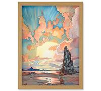 Artery8 Atmospheric Clouds Over Mono Lake at Dawn Lakeside Rock Landscape Modern Watercolour Painting Artwork Framed Wall Art Print A4