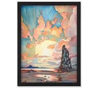 Artery8 Atmospheric Clouds Over Mono Lake at Dawn Lakeside Rock Landscape Modern Watercolour Painting Artwork Framed Wall Art Print A4