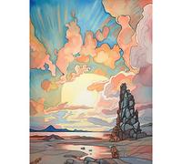 Artery8 Atmospheric Clouds Over Mono Lake at Dawn Lakeside Rock Landscape Modern Watercolour Painting Extra Large XL Wall Art Poster Print