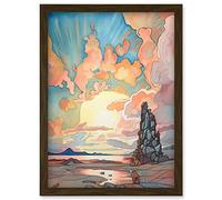 Artery8 Atmospheric Clouds Over Mono Lake at Dawn Lakeside Rock Landscape Modern Watercolour Painting Artwork Framed Wall Art Print A4