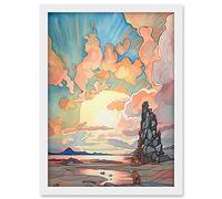 Artery8 Atmospheric Clouds Over Mono Lake at Dawn Lakeside Rock Landscape Modern Watercolour Painting Artwork Framed A3 Wall Art Print