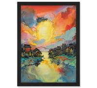 Artery8 Atmospheric Clouds Over Mono Lake Fishing Village at Dawn Modern Watercolour Painting Artwork Framed Wall Art Print A4