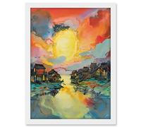 Artery8 Atmospheric Clouds Over Mono Lake Fishing Village at Dawn Modern Watercolour Painting Artwork Framed A3 Wall Art Print