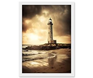Artery8 Atmospheric Lighthouse Photo Beach Sepia Photograph Atmospheric Sunset Seascape Artwork Framed A3 Wall Art Print